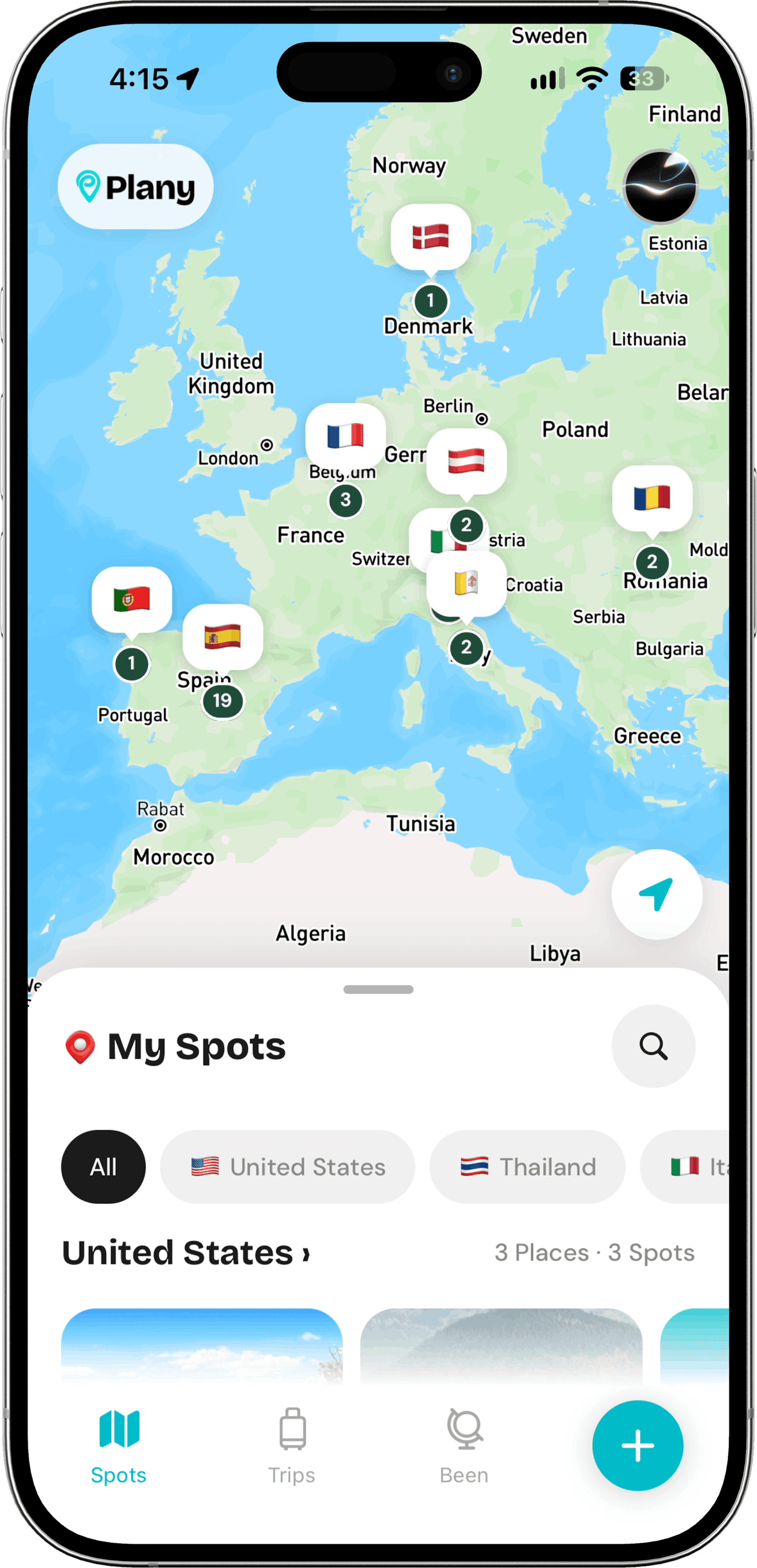 Plany map with saved spots across Europe