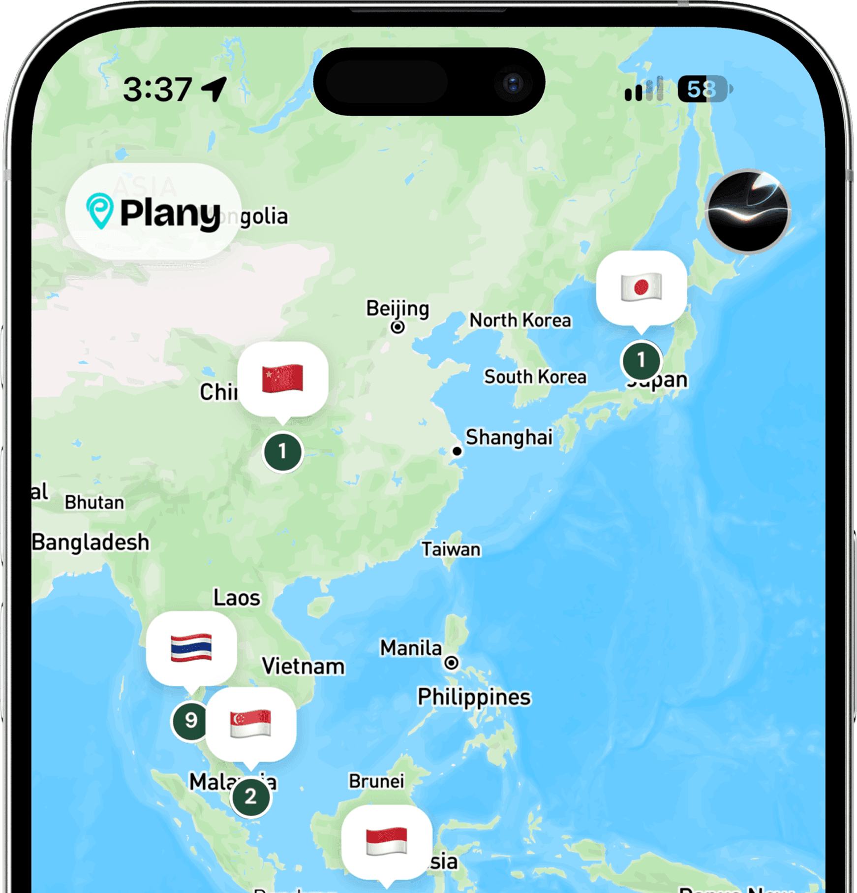 Plany map with saved spots across Asia